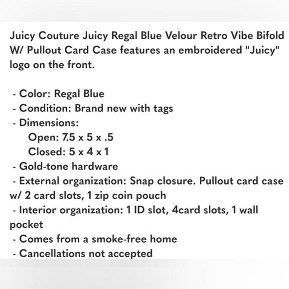 Juicy Couture Blue Bi Fold Wallet. No call Outs. No Cancellation NWT - Picture 4 of 4